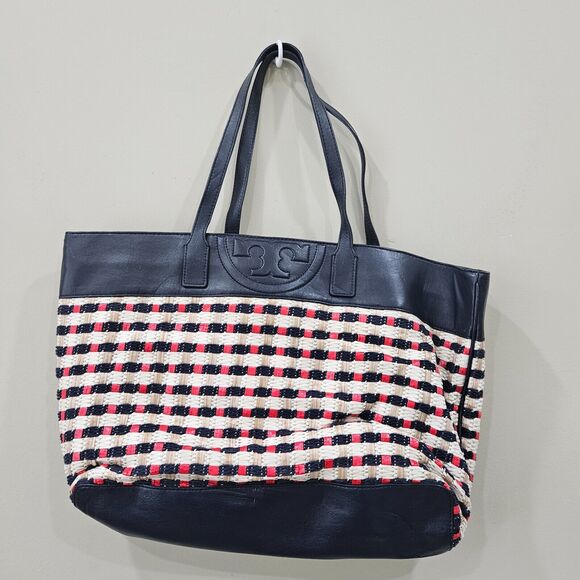 Tory Burch Raffia Woven Straw Leather Tote Bag Multicolor Picnic Beach Casual - Picture 9 of 16